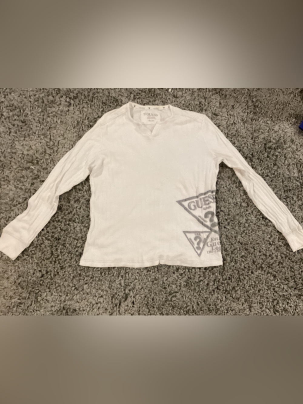 Guess White Long Sleeve Logo Tee with Gray Accents
